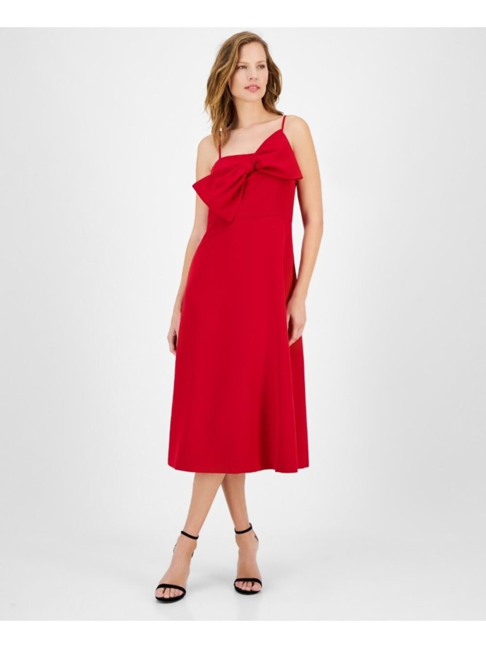 Anne Klein womens Bow Bodice Red polyester pockets Midi Dress Size 12 Red $159